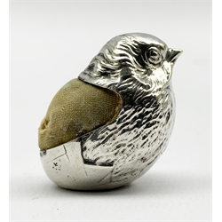 Silver novelty pin cushion in the form of a hatching chick H3.5cm Chester 1911 Maker Sampson Mordan & Co