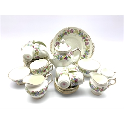 Coalport 'Maytime' pattern tea set comprising six cups and saucers, six plates, milk jug, sugar bowl and cake plate and a matching coffee set of five cups, six saucers, coffee pot, milk jug and sugar bowl