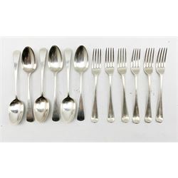 Set of six George III silver Old English pattern dessert forks London 1798 Maker William Eley and William Fearn and a set of six George III silver dessert spoons London 1786 Maker George Smith 12.9oz