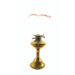 Vintage brass oil lamp and glass shade, H56cm overall 