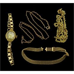 9ct gold jewellery including watch strap and two necklace and a 9ct gold Rotary bracelet wristwatch