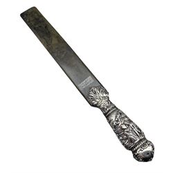 Victorian silver handled page turner with embossed decoration and tortoiseshell blade L35cm London 1894