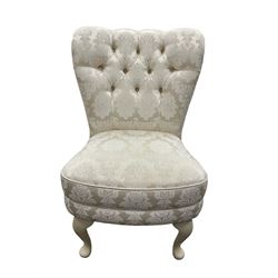 Bedroom chair, upholstered in button-back ivory damask fabric, on cabriole supports