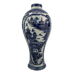 Attributed to Caughley, blue and white vase, circa 1770, slender baluster form, blue transfer printed with pagoda pattern decoration beneath a butterfly and diaper border, unmarked but with attribution label to base, H23cm 