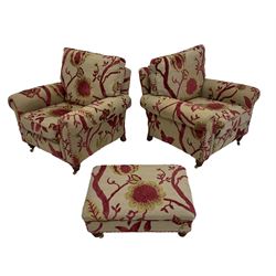 Duresta - pair of armchairs upholstered in embossed floral fabric, raised on turned supports with brass castors, together with stool of similar design