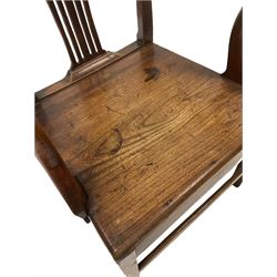 Elm country dining chair, the shaped cresting rail over pierced splat back, raised on squared supports