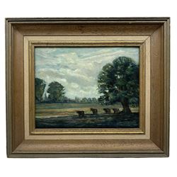 Michael Chapman (British 1933-): 'Foulsham' Norfolk - Landscape with Cows, oil on board signed with initials, signed and titled verso 19cm x 24cm