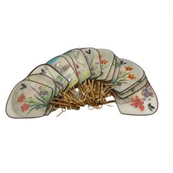 Twenty-three silk Japanese fans, decorated with flowers, birds and butterflies and a similar card example (24)