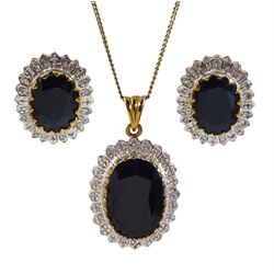 Gold sapphire and diamond chip pendant necklace with matching pair of gold stud earrings, all hallmarked 9ct