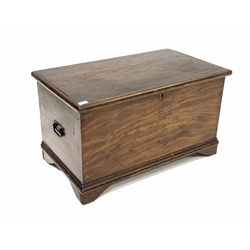 19th century scumbled pine blanket box, with wrought metal carry handle to each end, interior fitted with fixed tray, raised on shaped bracket supports, W88cm, H50cm, D50cm