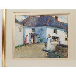B N Henry (British early 20th century): Collecting Flowers outside a Cornish Cottage, watercolour signed and dated 1903, 28cm x 35cm