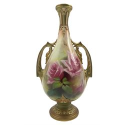 Early 20th century Royal Worcester vase by William Jarman, of pear form with twin acanthus mounted handles and slender neck, hand painted with roses, signed W. E. Jarman, upon circular foot, green printed marks beneath including shape number 229 and date code for 1908, H27cm