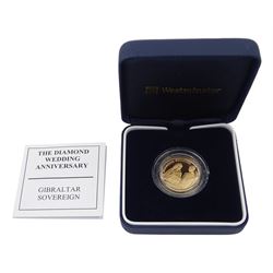 Queen Elizabeth II 2007 Gibraltar 22ct gold one pound coin commemorating 'The Diamond Wedding Anniversary', boxed with certificate
