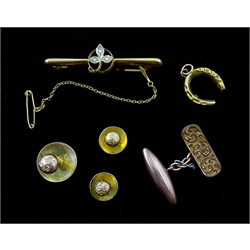 Three gold shirt studs, gold seed pearl bar brooch, horseshoe pendant and single cufflink, all 9ct stamped or hallmarked