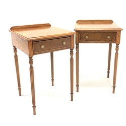  Pair of burr walnut and oak bedside tables, the cross banded top with ebonised string inlay over drawer, raised on turned and reeded supports, W51cm, H77cm, D50cm  