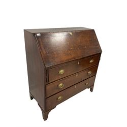 Georgian oak bureau, the fall front revealing fitted interior over three graduated drawers, raised on bracket supports W101cm