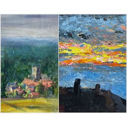 Audrey Erbany (Dutch/Yorkshire Contemporary): 'Sunset Over the Moors', oil on canvas signed with monogram and dated 2018, 21cm x 17cm; English School (Late 20th Century): The Village Church, watercolour unsigned, inscribed indistinctly on label verso 20cm x 12cm (2)