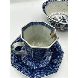 18th century Chinese octagonal cup and saucer, decorated in underglaze blue with scrolling lotus, 17th/ 18th century Chinese blue and white bowl, 18th century Chinese tea bowl etc 