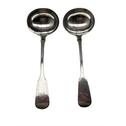 Pair of Victorian silver fiddle pattern sauce ladles engraved with a monogram London 1858 Maker Emanuel Bros. 4.4oz 