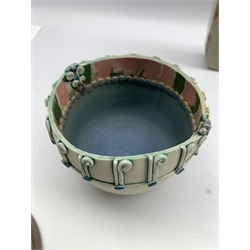 Marianne De Trey (1913-2016)  Shinners Bridge Pottery dish of geometric design L16cm, hand built double chimney vase by Barbara Dowling H16cm, Susan Bruce bowl, and one other bowl marked R B