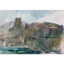 Leslie Charles Worth OBE (British 1923-2009): 'Old Castle at Collioure', watercolour signed, titled on exhibition label verso 17cm x 25cm
Provenance: exh. The Mall Galleries, London 1990, label verso