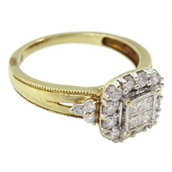 9ct gold princess and round brilliant cut diamond square cluster ring, with beaded pierced gallery and shoulders, hallmarked, total diamond weight 0.92 carat