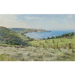 Angus Rands (British 1922-1985): Gathering Hay at the Ravenscar Alum Works looking towards Robin Hood's Bay, pastel signed 43cm x 68cm