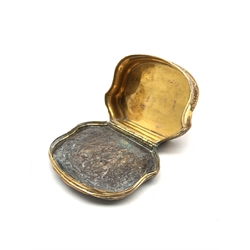 19th century gilt metal box of serpentine outline, the hinged cover embossed with figures W7cm