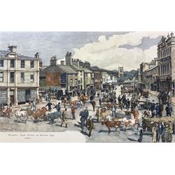 English School (20th century): 'Skipton High Street on Market Day 1900', watercolour indistinctly signed and dated '76; R Glen (British 20th century): 'Hawkshead', watercolour signed and dated '91; J West (British 20th century): 'Wycoller Lancashire', watercolour signed, titled and dated 1952 verso max 31cm x 49cm (3)
