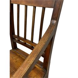 19th century elm and fruitwood elbow chair, vertical moulded upright rails over spherical turnings, down swept arms on turned supports, tapered plank seat, on square supports joined by plain stretchers