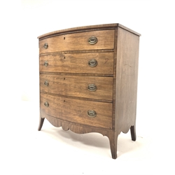 Early 19th century mahogany bow fronted chest of four long drawers on shaped apron and splay supports W102cm