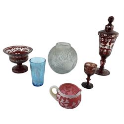 19th century Bohemian ruby overlay glass goblet and cover, H25cm, a similar pedestal bowl and drinking glass, Art Deco frosted and moulded glass vase of globular form, Mary Gregory style beaker engraved 'George' and a Stourbridge cameo glass jug (6)