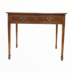 20th century figured walnut hall table, cross banded and herringbone inlaid top over two frieze drawers with pierced brass pull handles, raised on square tapered supports with peg feet W90cm, H74cm, D46cm