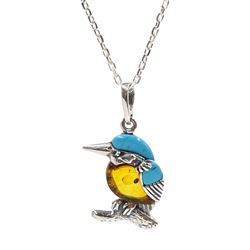 Silver turquoise and Baltic amber kingfisher pendant necklace, stamped 925 