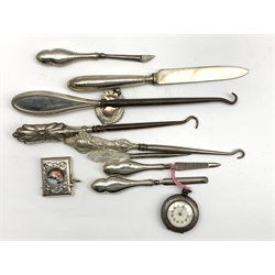 Modern silver vesta case inset with an enamel panel, fob watch in silver case, silver fob, manicure implements etc