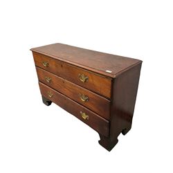 19th century shallow walnut chest, fitted with three drawers, on bracket feet