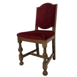 19th century oak armchair or carver dining chair, turned and lobe carved supports with rear spiral turned back rest supports, back and seat upholstered in crimson fabric (W55cm H102cm); and set four later similar dining chairs (W47cm H95cm)