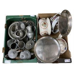 Quantity of hammered pewter items, two plated comports, two chamber pots etc in two boxes