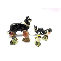 Two Beswick Border Collie models together with four Beswick Birds: Goldcrest, Stonechat, Robin and Goldfinch (6)