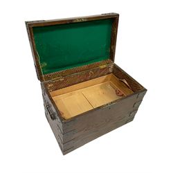 Late 19th century oak and metal bound silver chest, the hinged lid with brass plaque inscribed with monogram, fitted with wrought iron carrying handles 