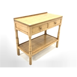 'Squirrelman' Yorkshire oak serving table, adzed top over two drawers, octagonal turned supports united by under tier, W107cm, H94cm, D51cm