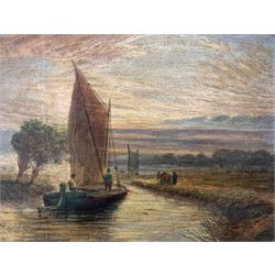 English School (19th century): Ox Pulling Barge in Dutch River Landscape, oil on canvas unsigned, framed in ornate gilt moulded frame 17cm x 22cm