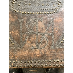 Charles II leather covered trunk, brass studded and bearing a coat of arms, possibly for the Duke of Cumberland, blue silk lined interior W95cm, H42cm, D53cm