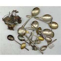 Maltese Filigree model of a Galleon, silver golf teaspoon, other silver and silver-plated teaspoons etc