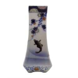 Small Japanese Fukagawa square section vase decorated with two Carp, Iris and blossoming flowers,  underglaze blue mountain and stream mark beneath, H11cm