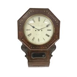 English - 8-day 19th-century mahogany fusee drop-dial wall clock, with a twin train, five pillar fusee movement striking the hours on a bell, mahogany brass inlaid case and hexagonal dial surround, 12