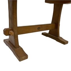 Acornman - oak coffee table, rectangular adzed top on shaped end supports joined by pegged stretcher, on sledge feet, carved with acorn signature, by Alan Grainger, Brandsby, York