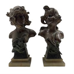 After Franz Iffland - Pair of Art Nouveau spelter busts 'Cleopatre' and 'Salambo' H33cm