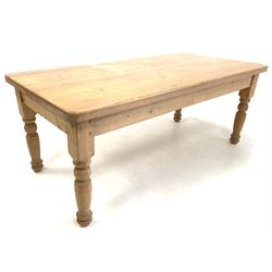 Reclaimed pine farmhouse table, fitted with drawer to one end, raised on turned supports 183cm x 90cm, H73cm
