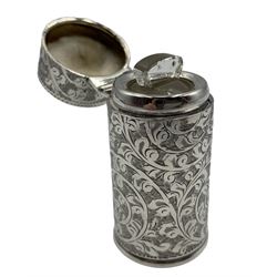 Edwardian silver cylindrical scent flask engraved with scrolls and trailing leaves, hinged cover with interior glass stopper H7cm Birmingham 1906 Makers mark S C B